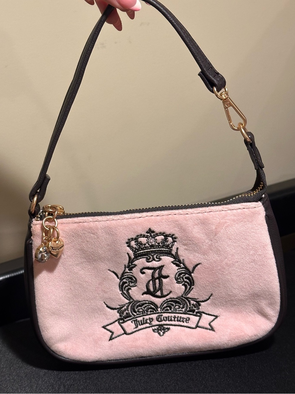 Juicy Couture Pink Velvet Mini Shoulder Bag with Black Trim